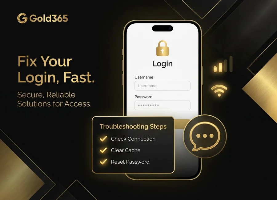 Gold365 login troubleshooting graphic with sign-in screen, padlock and checklist